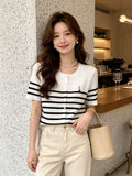 Korean Embroidered Striped Short-Sleeved Knitted Cardigan Women 6 Summer Fat Mm Thin Age-Dated Bottom Shirt Top