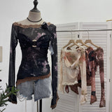 Real Shooting Lace Splicing Oblique Shoulder Thin Tie-Dye Mesh T-Shirt Girl T-Shirt T-Shirt Shawl T-Shirt 9986