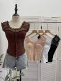 Real Shot Lace Splicing Mesh Yarn Bra Vest Summer Hook Buckle Fish Bone Girded Short Shirt 2878