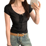 High-End Touching Bow Tie With Thin White Shoulder Short-Sleeved T-Shirt Woman 2025 New Summer Huge Look Top