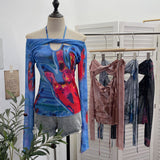 Spice Girls Slapout Twisted Kinesi Hanging Neck Mesh Printing Unique Design Long-Sleeved T-Shirt Embanded Backclothed 2772