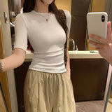 Beautiful And Beautiful Solid Color Sleeve T-Shirt Girl Summer 2025 New High-End Small Body Body On The Shoulder