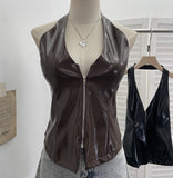 Real Shoot Babes Hanging Neck Deep V Sexy With Chest Pad Pu Sling Sling Zip Open Shirt Woman 8130