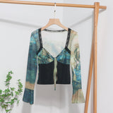 2025 Spring Dress French Court Style Lace Lace Spliced Printed Horn Long-Sleeved T-Shirt 82236
