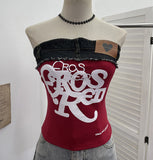 Slap Strap Thai Babes Letter Print Tat T-Shirt On The T-Shirt With Blouse On The T-Shirt With Denim Splicing Short-Term Vest 23098