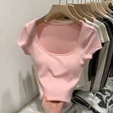 2026 Early Spring Temperament Explosion With Breast Pad Hottie Collar Shoulder Short-Sleeved T-Shirt New Summer