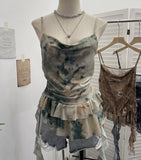 Real Shoot Spice Girl Swing Network Yarn Print Sling Vest Retivating Lotus Leaf Side Ribbon Short Top 1210
