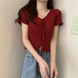 Wooden Ear Knitted Shirt V Tie With Collarbone Summer New High-Waisted Women Decorate Slim Short-Sleeved T-Shirt Tide