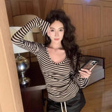 Spice Girls Clam Striped Stile V-Neck Long Sleeve T-Shirt 2025 New Slimming T-Shirt Spice Girl T-Shirt