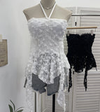 Real-Patlace With Hanging Neck Tector Lace Three-Dimensional Flower Sling Vest Irregular Ribbon Sleeveless Top 9330