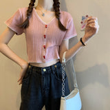 Summer New Korean Button Design Short-Sleeved Set Thin Knit T-Shirt Girl Skinny Umbilled Short Top