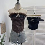 Real Shooting Millennium Babes Hair Splicing Pu Leather Belt Brae Waistcoat With Chest Cushions With Short Shirt 1351