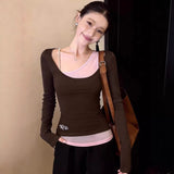 Fake Two Long-Sleeved T-Shirts For Women Wearing Coffee-Colored Bottom Shirts In The Early Spring To Put On A Thin Hottie