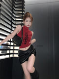 Red Print Sleeveless High-Collar T-Shirt Girl Summer Hottie Retro Type Temperament Inside The Bottom Shirt Top