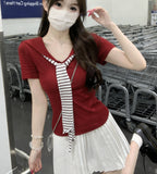 Korean Version Of The College Wind Navy Collar Stripe + Ribbon With Short-Sleeved T-Shirt Women's Summer Heart Machine V Collar Straight Shoulder Chic Top