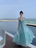 French Temperament Mint Green Hanging Neck Sling Dress Women Summer Sanya Seaside Vacation Show Big Dress