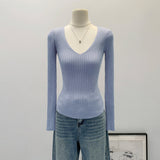 2026 Early Spring Pit Strip V Collar With The Bottom Of The Knitted Shirt Women's Autumn Minimalist High-End Feeling Long-Sleeved Top