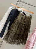 Heavy Industry Wood Ear Net Yarn Tight Waist Cake Mid-Summer New Korean Temperament Fluffy Skirt Layer Yarn Skirt