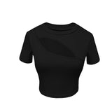 Thai Babes With A Slanted Opening On The Front Of The Hollow Round Collar T-Shirt For The Women's Summer Short-Sleeved T-Shirt With High-Waisted Umbilical Short-Sleeved T-Shirt
