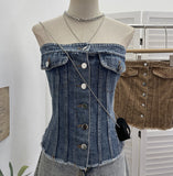Vintage Water Wash Denim Breasts A Word Shoulder Button Open Shirt Vest To Take Sleeveless Top Lady 617