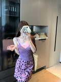 Sexy Fake Two Splicing Lace Sling Vest Women Summer Babes Set Purple Leopard Half-Dress Two Sets