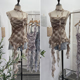 Real Shooting Round Neck Fluttering Dye Printing Irregular Lotus Leaf Side Mesh Slings Slings Sleeveless Top 1218