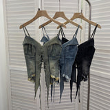 Real-Hand Shot Vintage Babes With Thaired Hairy Denim Sling Vest Short Umbilly Sleeveless Top 2690