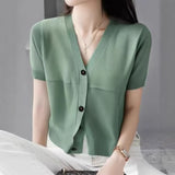 2026 Summer New Temperament Short-Sleeved Knitted Cardigan V-Neck Thin Bottom Thin Top Woman