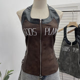 Real Shooting Babes Hanging Neck Pu Embroidered Sling Sling Vest One-Swaive Zipper Short Sleeveless Top 1366