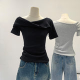 2026 Early Spring Temperament Hottie Twisty Design Slanted Shoulder Short-Sleeved T-Shirt Commuting Summer New Pure Desire