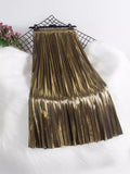 Metal Bright Reflective Skirt New Station High Waist Thin 100-Fold Skirt Mid-Long Half-Dress Woman