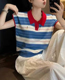 Collider Striped Polo Shirt Over Small Flying Sleeve Knitted T-Shirt Women's Summer Design Sense Age-Supling Embroidery Loose Top