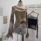 Slanted Shoulder Sling Screen Splicing Irregular Cowboy Horn Long Sleeve Top Short T-Shirt 2789