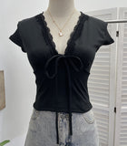Pure-Wanted Lace Side Lace With Bow V-Neck Short-Sleeved T-Shirt T-Shirt T-Shirt Short-Sleeved Body Dress 6006