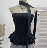 Real Shooting Tight Skirt Swing Fluffy Fragrant Chest Vest Hanging Neck Ribbon Short Blouse Woman 8169