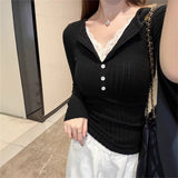 Temperament Fake Two Lace Lace V-Neck T-Shirt Girl Spring And Autumn 2026 New Pure Desire To Put On The Bottom Shirt Top