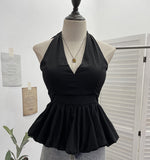 French Retro Hanging Neck Tie With Bare Back Sling Skirt Folded Short Sleeveless Top Woman 9225