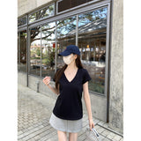 2026 Summer Korean Version Of Relaxed V-Neck Solid Color Foundation Straight Shoulder Short-Sleeved T-Shirt Top Woman