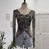 Real Shooting Pure Sexful V-Neck Umbilly T-Shirt Female Hairy Denim Butterfly Embroidered Mesh Yarn Long Sleeve Top 9996