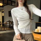 Lyselle Tian Silk Wool Is A Huge Look Folded Round Collar Long-Sleeved T-Shirt For The Fall Of The New Blouse