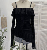 Real Shot One-×Ö Shoulder Sling Long-Sleeved Top Repair Slim Thin Folds Irregular Lotus Lace Tidly Tidly Tidly Tidly Tidly Tidly Tidly T-Shirt 1162