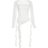2025 New Lotus Edge Splicing Ribbon Mesh Yarn Long-Sleeved T-Shirt Folding Irregular Top