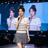 Summer New Embroidery Design Feeling Korean Striped Short-Sleeved Knitted Shirt Fashion Niche Thin Top