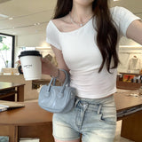 Bring Your Own Breast Pads With A Slanted Shoulder White Short-Sleeved T-Shirt For Summer 2025 New Niche Unique Beauty Short Top