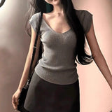 Purple V-Neck Knitted Short-Sleeved T-Shirt For Girls Spring Niche Short French Beauty Sweet Hot Girl Small Top