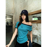 Vintage Slanted Shoulder T-Shirt Girl Summer Slimming Design Feel Shoulder-To-Shoulder Top