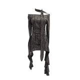 The Dark Waste Soil Wind Makes The Old Hole Hanging Shoulder Hanging With Long Sleeves Irregularly Open Fork T-Shirt Skirt 9295