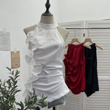 Spicy Design Sleeveless Leaves Three-Dimensional Flower Blouse Atmosphere Slimming Waist 1166