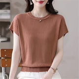 2026 Round Collar Summer New Large Size Women's Loose Knitted Shirt Short-Sleeved Fat Mm Thin Top