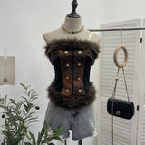Real-Patted Leather Bra Waist Waist Coat Hair Spliced Pu Leather Slings To Collect Waist Thin Short Sleeveless Top 2996